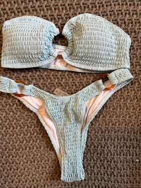 SHEIN Smocked Light Blue Bikini Set with Ring Accents